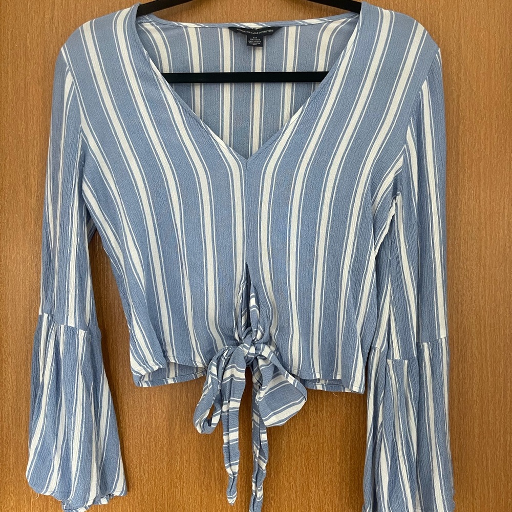 American Eagle Cropped Front Tie Stripped Shirt
